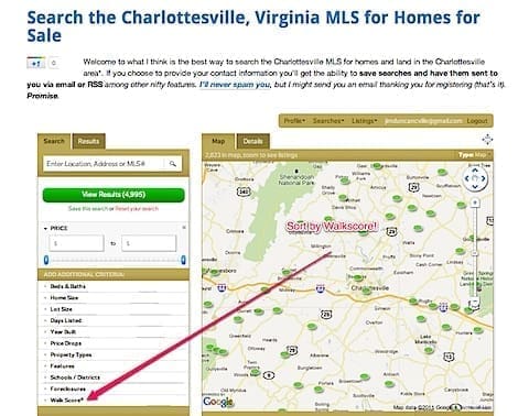 Search Charlottesville homes by Walkscore