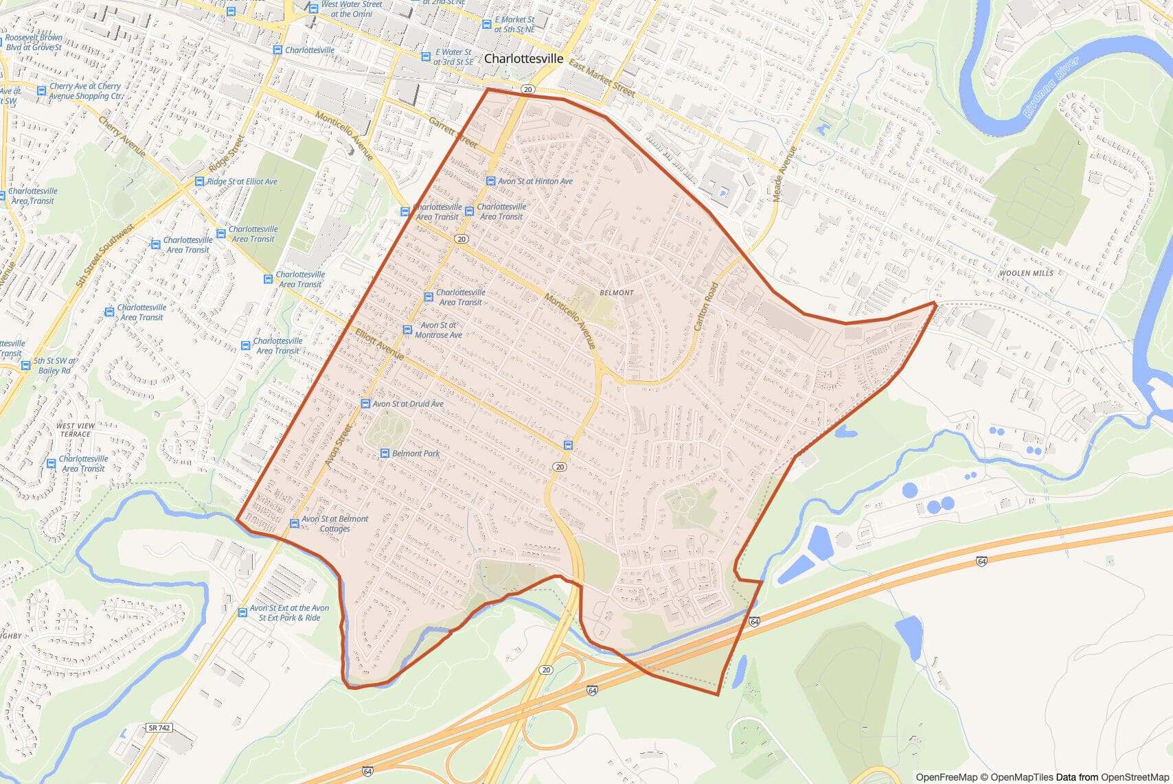 Map of Belmont with neighborhood boundary outlined