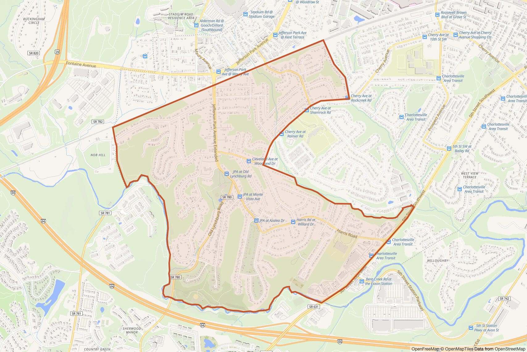 Map of Fry’s Spring with neighborhood boundary outlined