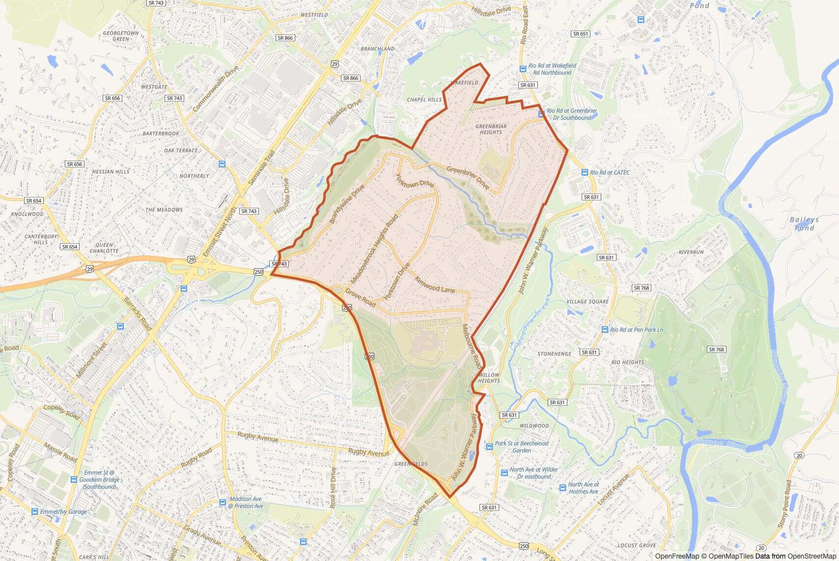 Map of Greenbrier with neighborhood boundary outlined
