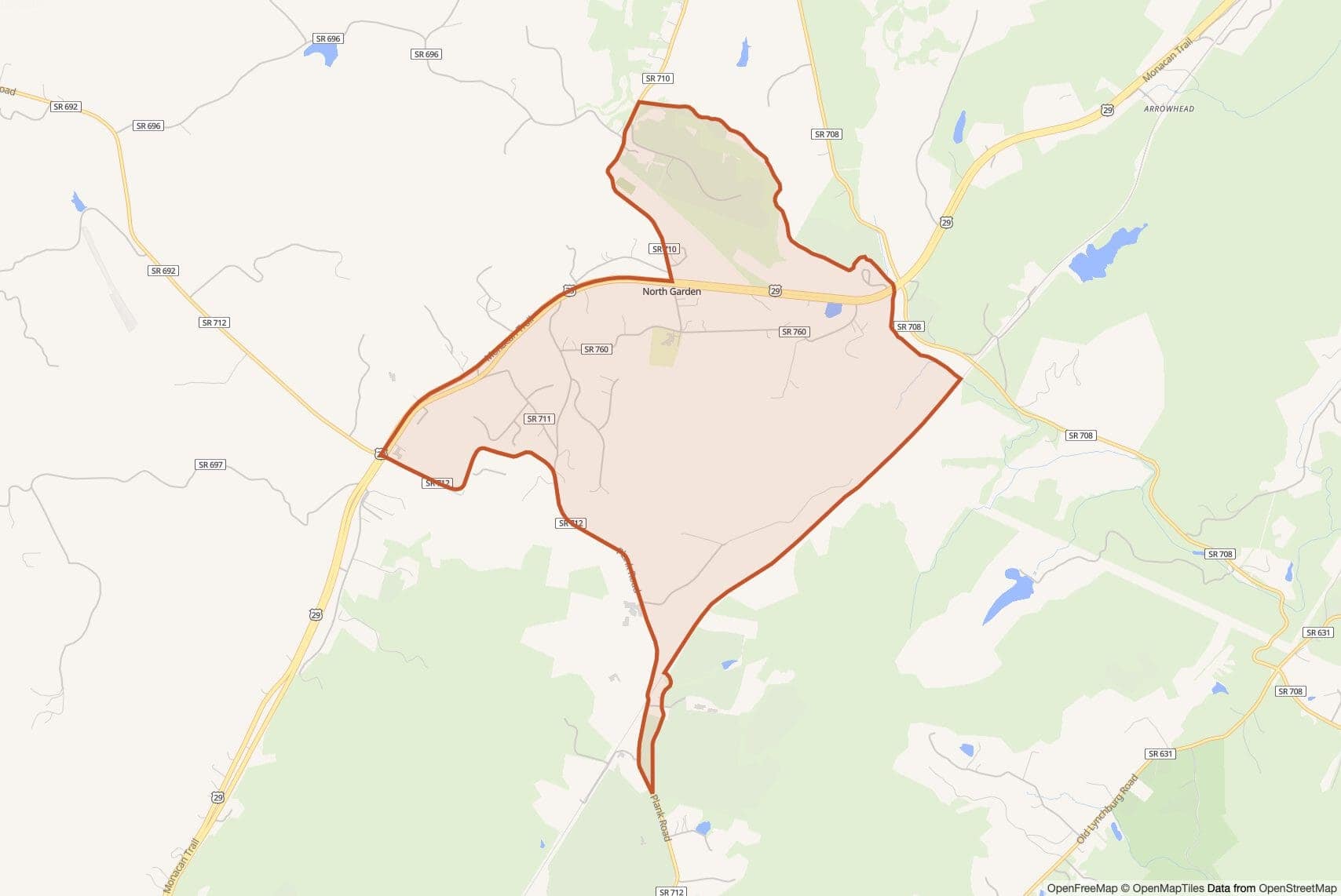 Map of North Garden with neighborhood boundary outlined