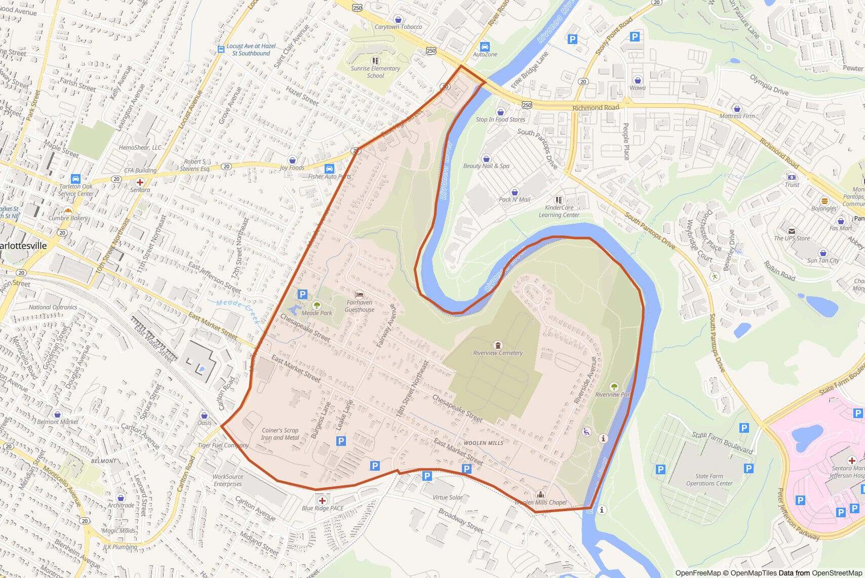 Map of Woolen Mills with neighborhood boundary outlined