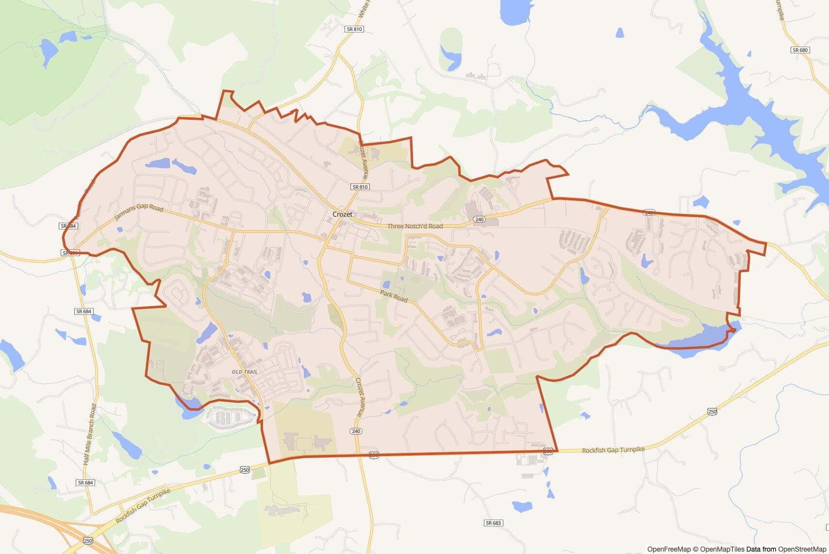 Map of Crozet with neighborhood boundary outlined