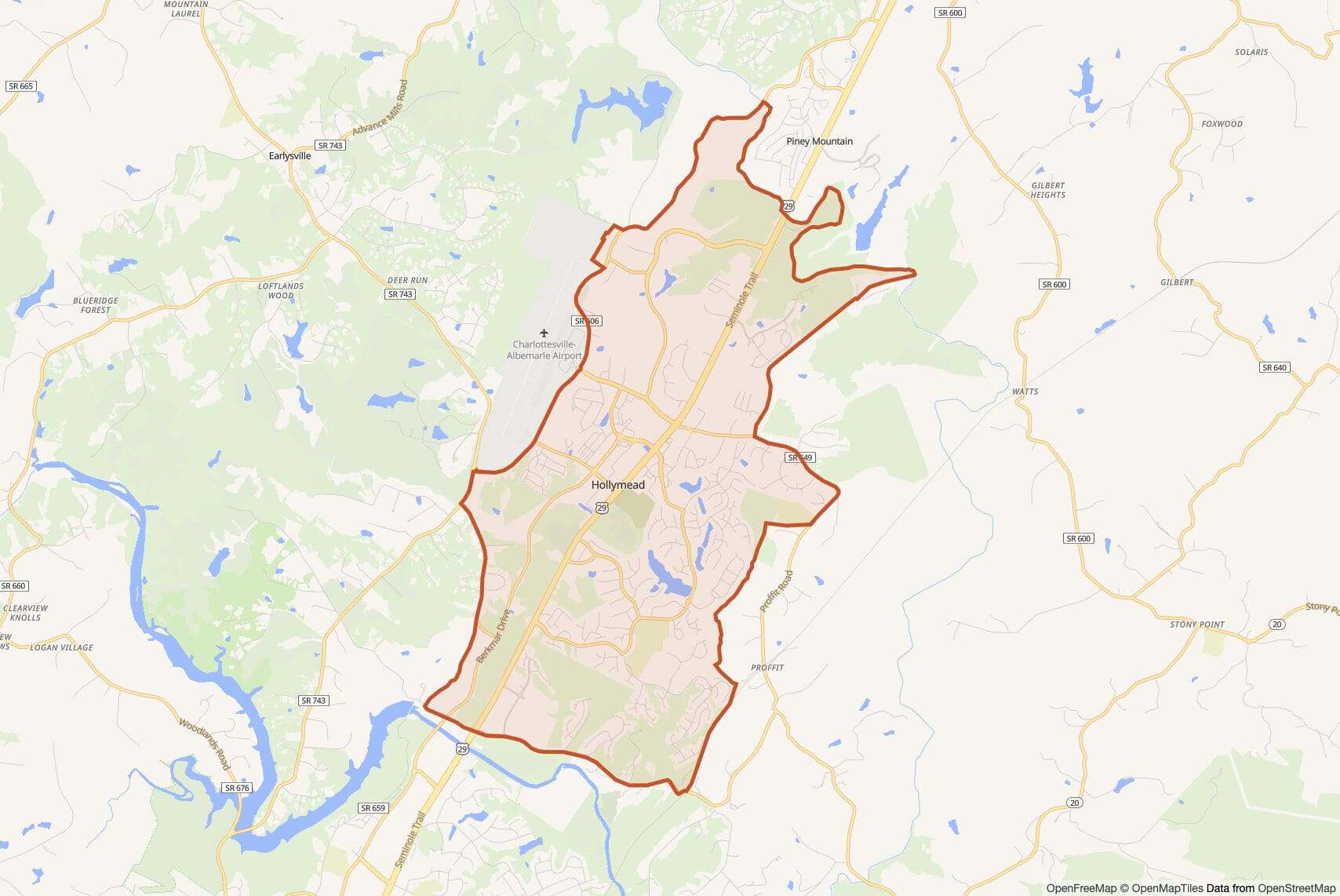 Map of 29 North with neighborhood boundary outlined