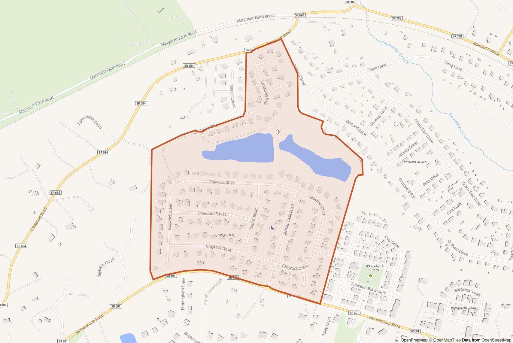 Map of Grayrock with neighborhood boundary outlined