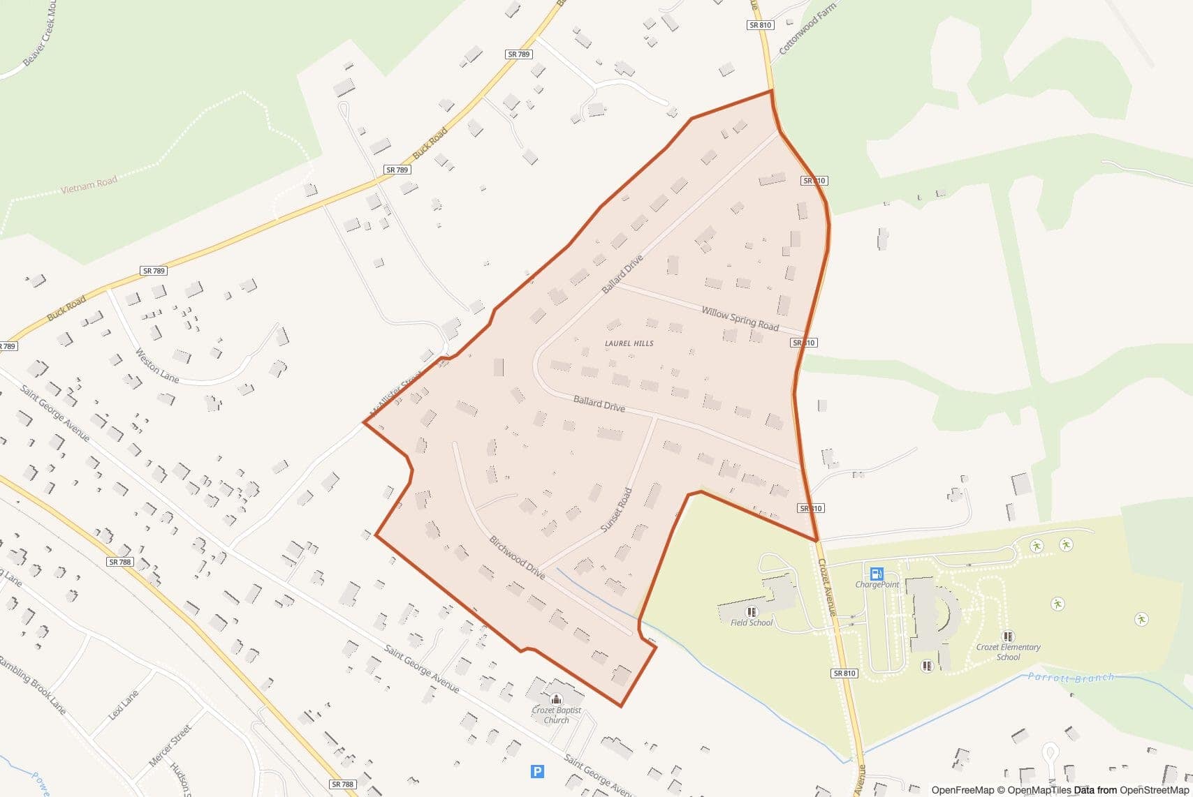 Map of Laurel Hills with neighborhood boundary outlined