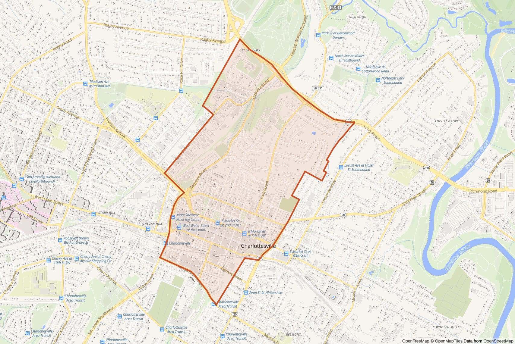 Map of North Downtown with neighborhood boundary outlined