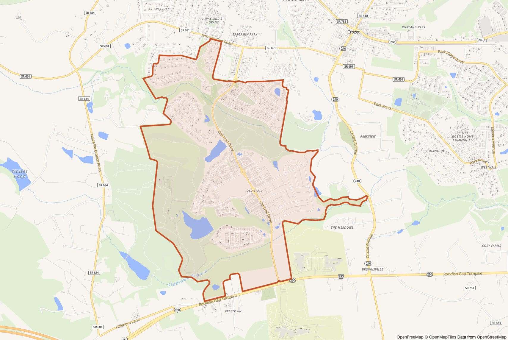 Map of Old Trail with neighborhood boundary outlined