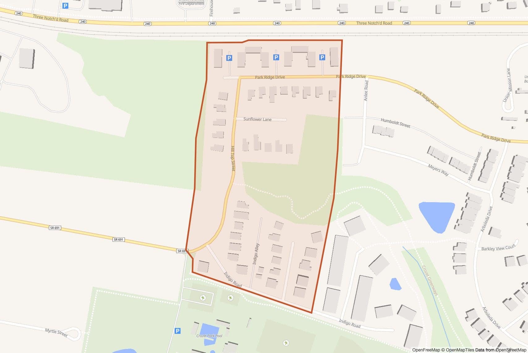 Map of Parkside Village with neighborhood boundary outlined