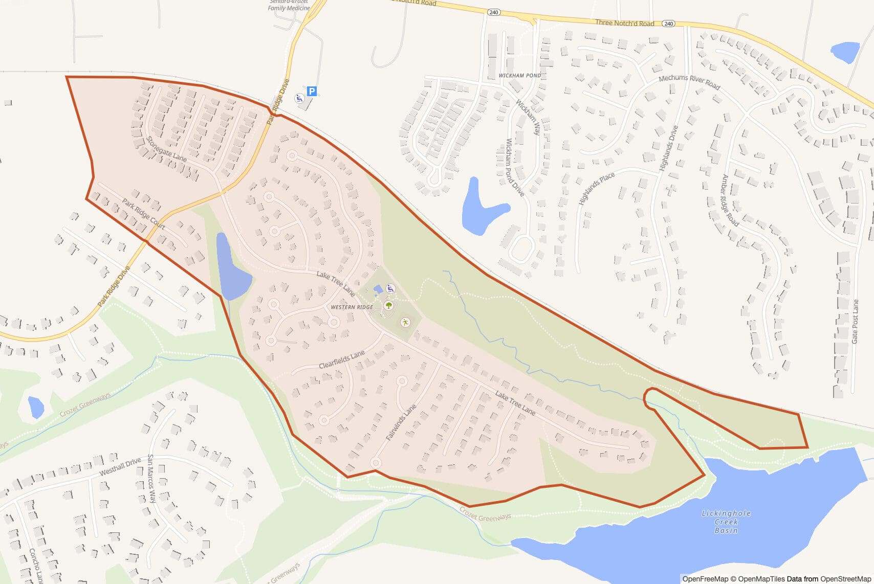 Map of Western Ridge with neighborhood boundary outlined