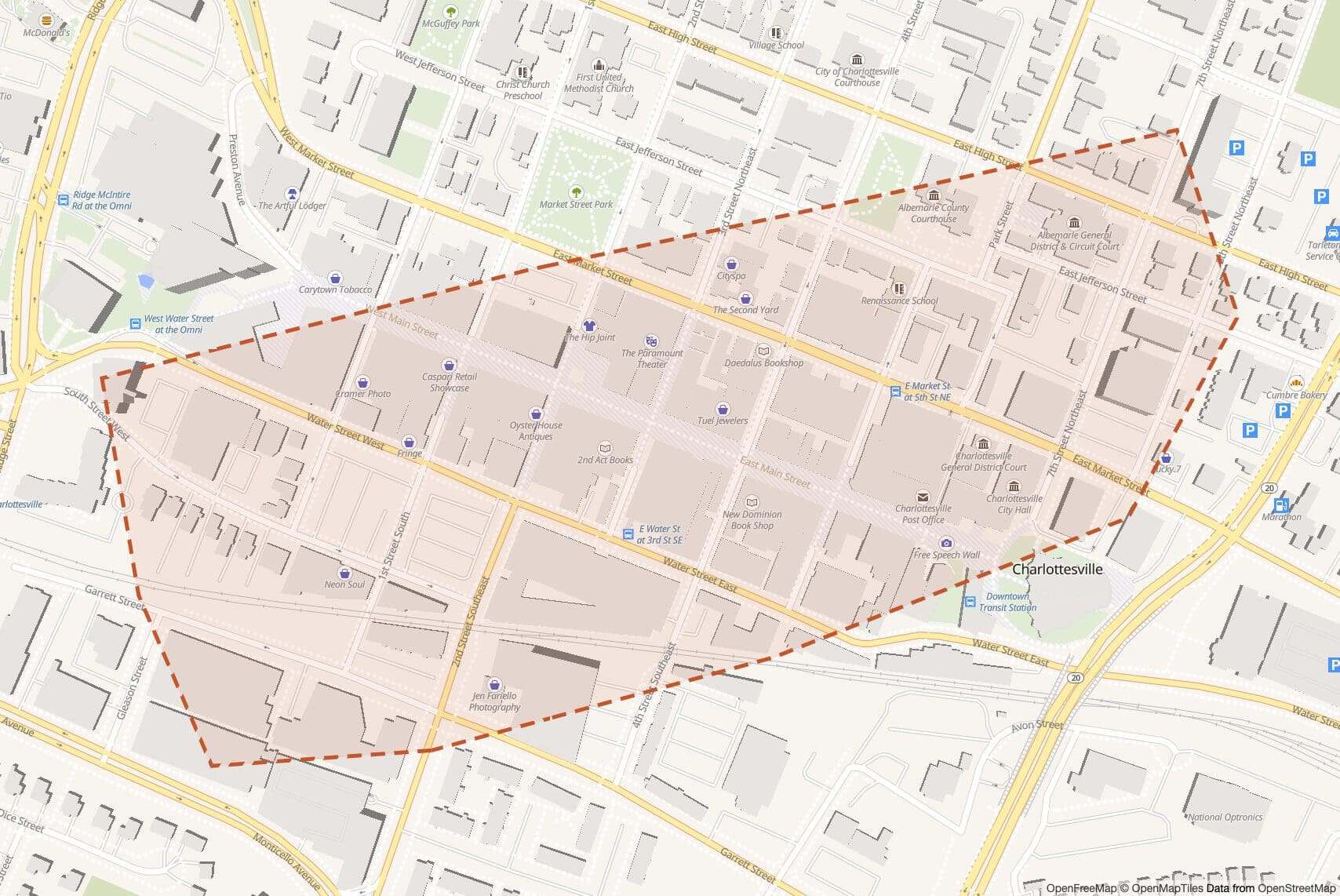 Map of Downtown Charlottesville highlighting the area boundaries.