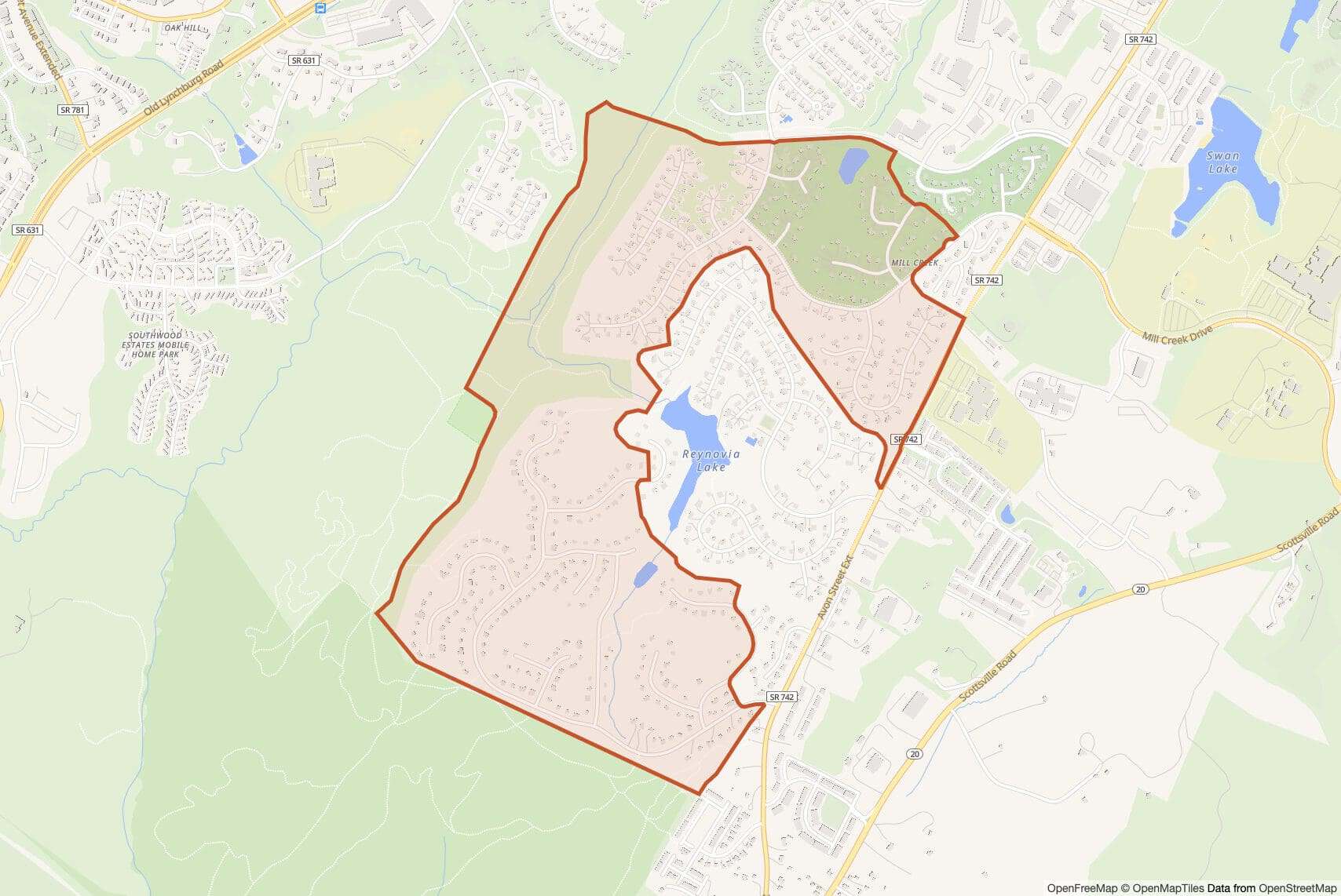 Map of Mill Creek with neighborhood boundary outlined