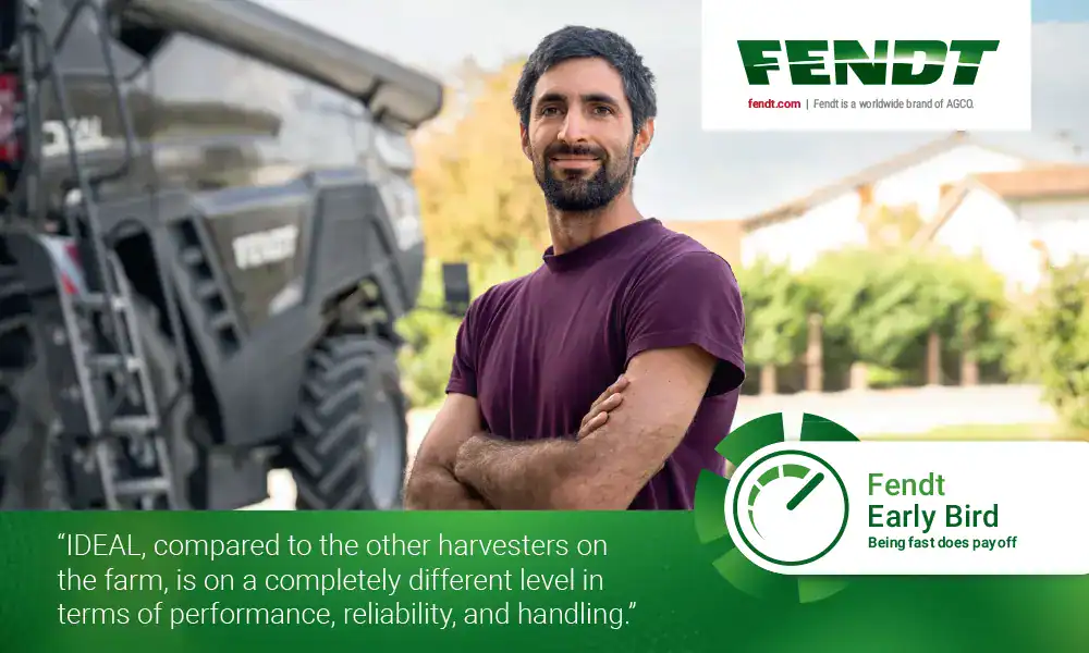 Fendt combine harvester working at sunset – Fendt Early Bird 2027 offer at Redlynch