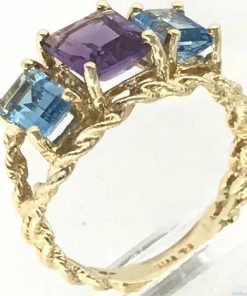 Yellow Gold 14k Wire Wrapped Ring Blue Topaz Amethyst Gemstone