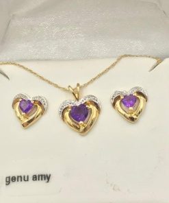 BAITH 10K Yellow Gold Amethyst Diamond Heart Stud Earrings Necklace Set for sale