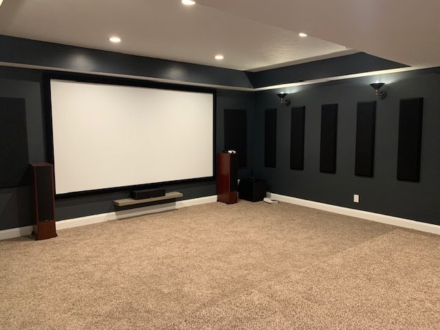 Custom home theater screen installation in basement