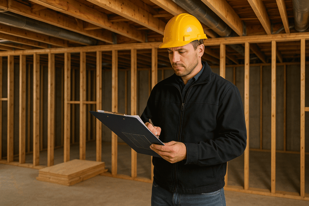 Blueprints inspection at construction site by male builder wearing safety helmet.