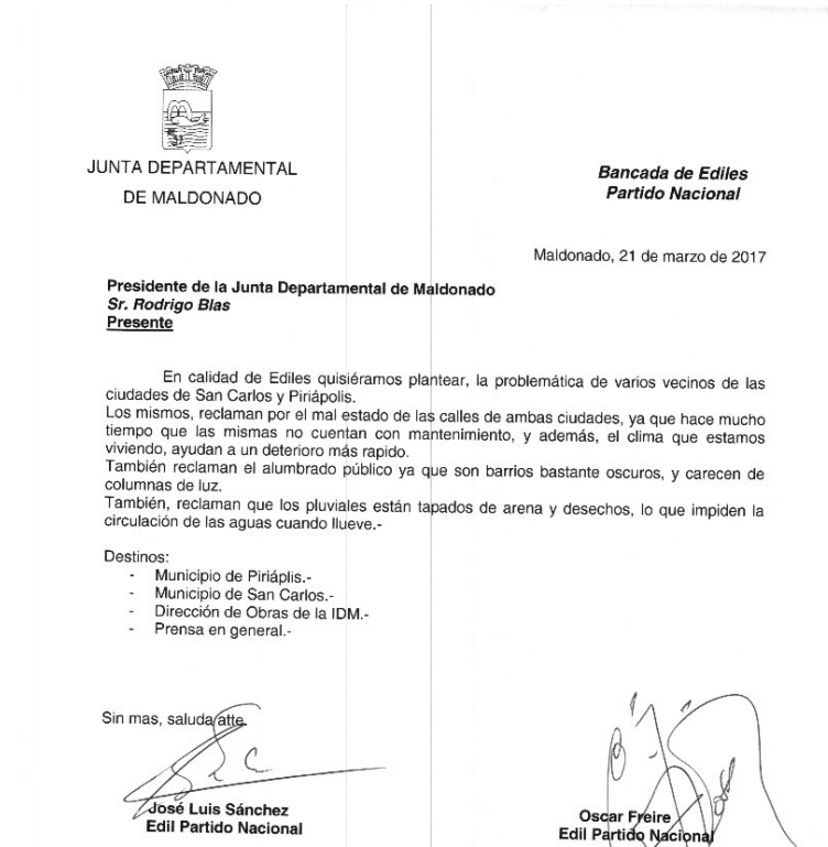 EDILES BLANCOS RECLAMAN MEJORAS EN CALLES DE SAN CARLOS Y PIRIÁPOLIS