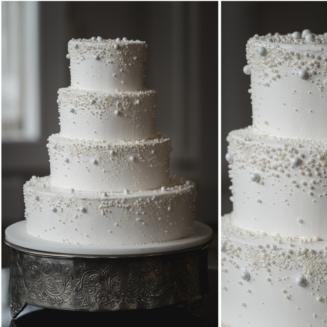 Four-tiered white wedding cake decorated with cascading edible white pearls and sprinkles, displayed on an ornate silver cake stand.