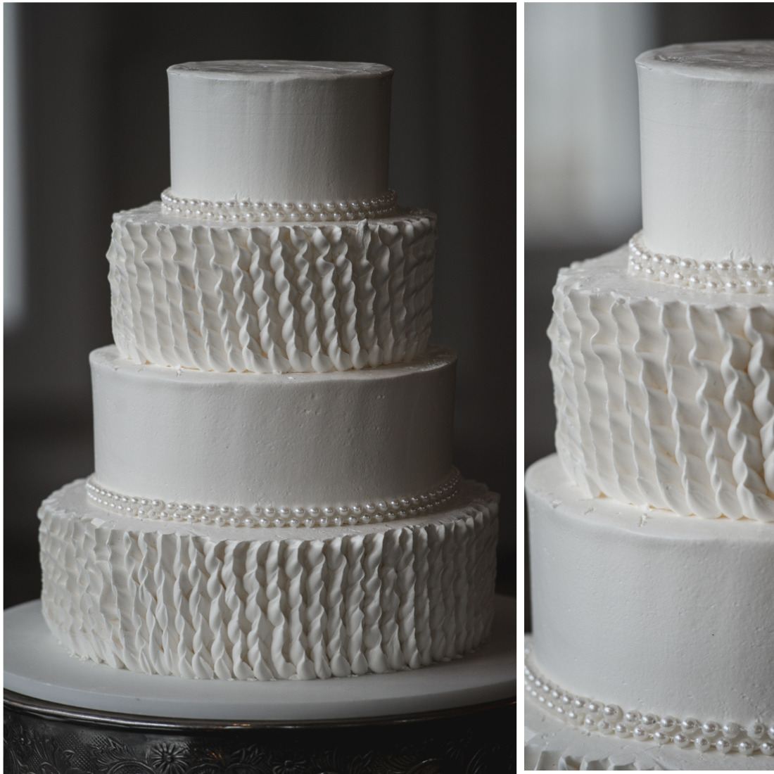 Four-tier white wedding cake with alternating smooth layers and textured vertical ruffle piping, accented with rows of edible pearl borders.