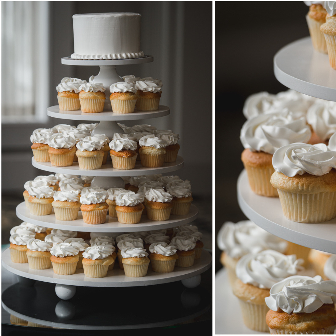 A multi-tier stand filled with white-frosted cupcakes, topped with a small cutting cake.