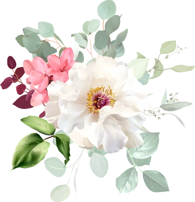 Elegant floral arrangement illustration featuring a large white peony with a yellow center, accented by smaller pink blossoms and soft green eucalyptus leaves.