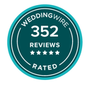 Circular teal WeddingWire review badge indicating 352 reviews with a five-star rating.