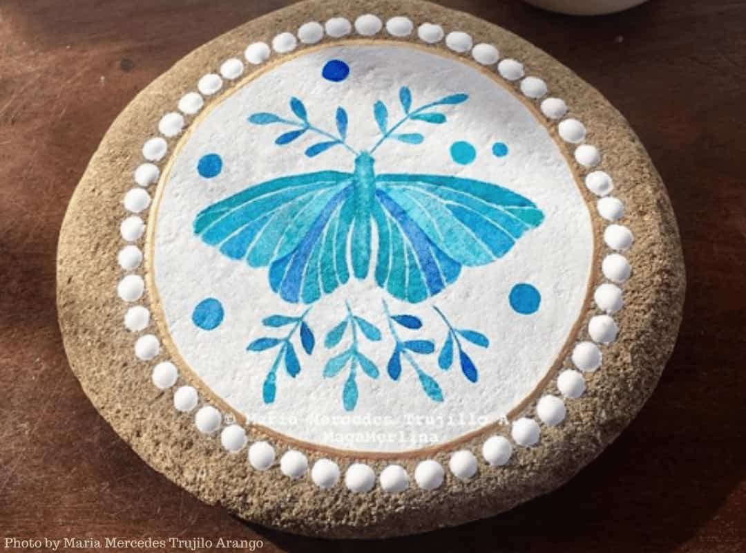 Creative Ways to Paint Mandalas with Maria Mercedes Trujillo 6 watercolor painted butterfly on a rock