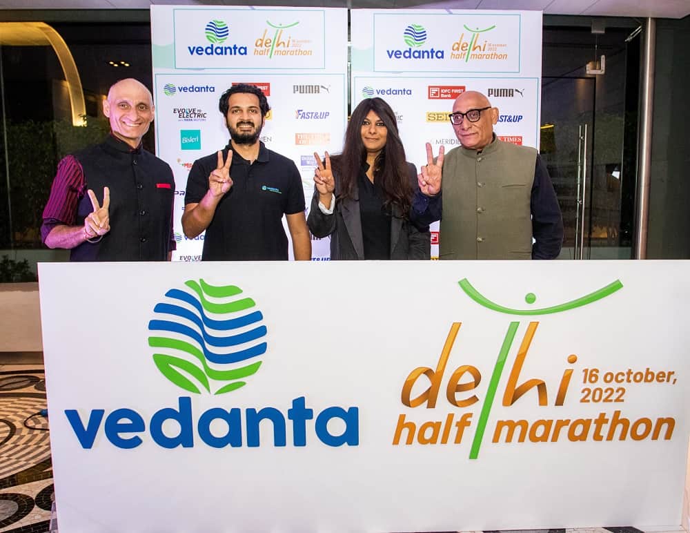 At the announcement of the Vedanta Delhi Half Marathon 2022 (L to R) Vivek Singh, Jt. MD, Procam International, Akarsh Hebbar, Global Managing Director of Display and Semiconductor Business, Vedanta Limited, Priya Agarwal Hebbar, Non-Executive Director, Vedanta Limited and Anil Singh-MD, Procam International