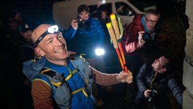 Kim Collison celebrates his Montane Winter Spine Race 2025 win. Credit: Will Roberts