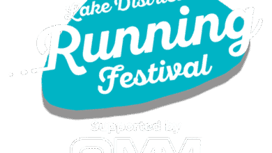 Running Lakes District Running Festival logo, digital badge, promoting a vibrant running event supported by OMM, highlighting community, outdoor endurance, and fitness activities in the Lake District area.