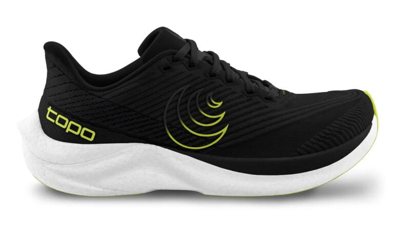 Lightweight black running shoe with cushioned white midsole and neon yellow details designed for performance and comfort in running and training.