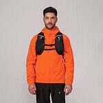 Lightweight men's orange running jacket with breathable fabric and water resistance, perfect for trail running and outdoor activities. Features a hood and secure zipper pockets for essentials.