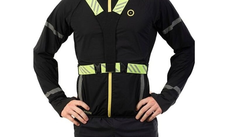 High-visibility running vest, reflective gear for runners, safety running jacket with bright accents, outdoor running apparel for night or early morning, breathable running equipment for endurance training.