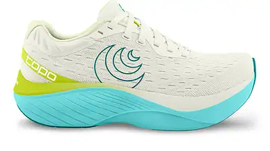 Lightweight white running shoe with blue and lime green accents, designed for optimal performance and comfort in running and athletic activities. Featuring breathable mesh upper and cushioned sole.