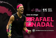 Rafael nadal tennis player promotional event in Lisbon, Portugal, showcasing athletic performance and sports marketing, running insightsSEO-friendly alt text: Rafael Nadal at VTX Connect event in Lisbon, wearing athletic gear and holding a tennis racket.