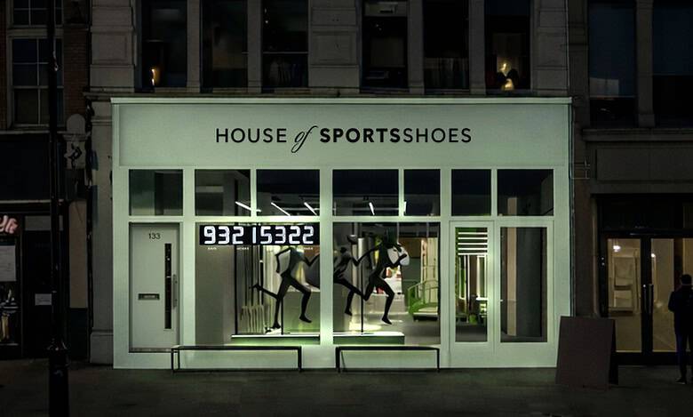 Exterior of House of Sportsshoes storefront at night with illuminated sign and mannequins inside.