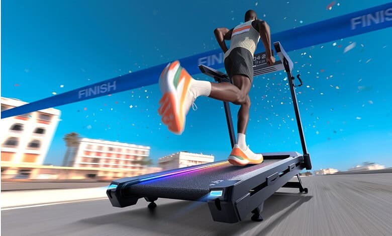 Speed running on UREVO Cyber Mega treadmill for marathon training at home.