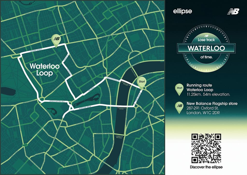 Map of the Waterloo Loop running route at Waterloo Tube station, highlighting a 11.25 km course for runners, with New Balance branding and station details.
