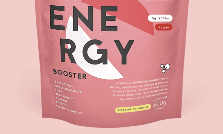 Pink Innermost Energy Booster vegan supplement pouch with BCAA, gluten-free, low sugar, and lactose-free, designed to support race preparation and recovery.