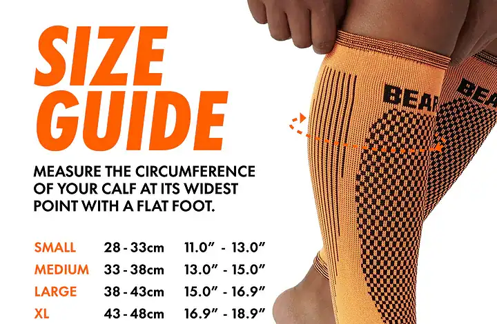 Running sock size guide showing measurements for small, medium, large, XL, and XXL sizes with a runner's leg in the background.
