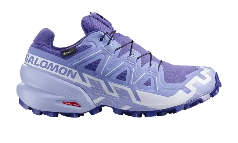 Salomon Speedcross 6 GORE-TEX trail running shoe in purple with rugged outsole for trail running and waterproof GORE-TEX membrane.