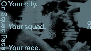 A runner in motion during a race, emphasizing speed and athleticism, with motivational text overlay about city, squad, and race.