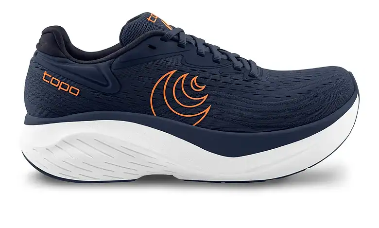Topo Men's Atmos 2 running shoe in navy with orange accents, designed for comfort and performance during running activities.
