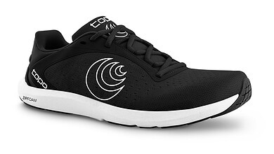 Black women's running shoe with white logo and sole, designed for comfort and performance, ideal for running and athletic activities.