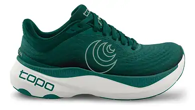 Green Topo Athletic running shoe with cushioned sole and breathable upper, ideal for running and athletic activities.