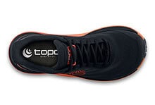 Black and orange men's running shoe from Topo Athletic, designed for comfort and performance during running activities.