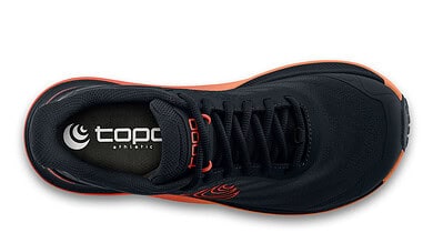 Black and orange men's running shoe from Topo Athletic, designed for comfort and performance during running activities.