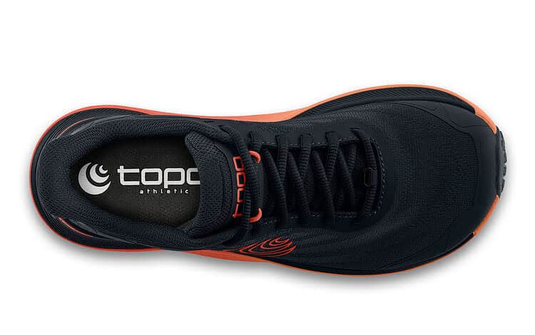 Black and orange men's running shoe from Topo Athletic, designed for comfort and performance during running activities.