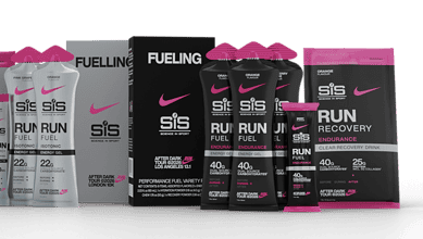 Running Insights fuel and hydration products for athletes, featuring Nike branding and various energy gels and drinks packages.